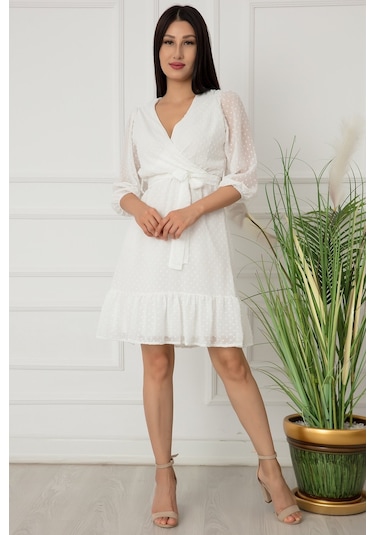 Kalopya 13355 Kruvaza Yakalı Elbise- Beyaz