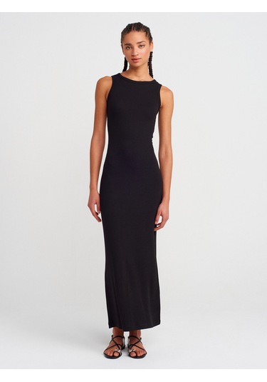 Dilvin 91381 Yırtmaç Detaylı Midi Boy Elbise-siyah Siyah