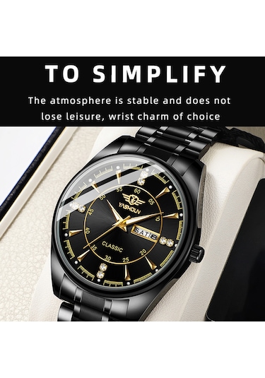 Yashıdun 5063 Çelik Kayış Şık Çift Kuvars Saat Aydınlık Takvim Bilek Saati - Siyah Kadran / Gümüş+altın Kayış / Kadın