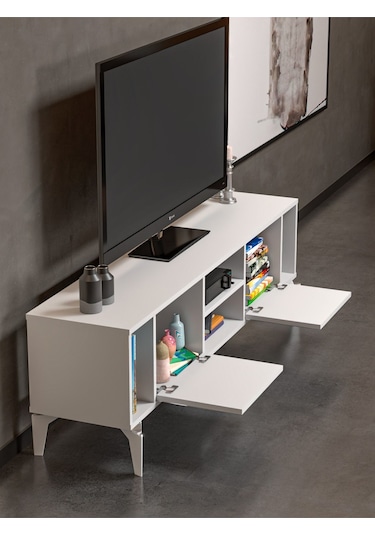 Tv Sehpası Tv Ünitesi Beyaz Gümüş 160 Cm Linya 5043 Gri