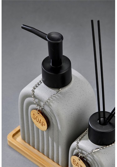 Cooker 2'li 320 Ml Seramik Bambu Standlı Banyo Seti Ckr3885 Gri