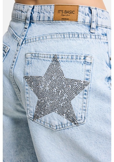 Itsbasic Kadın Kot Rengi T-4s6-3 Mom Fit Midi Boy Parlak Yıldız Taşlı Özel Tasarım Denim Şort Kot Renk