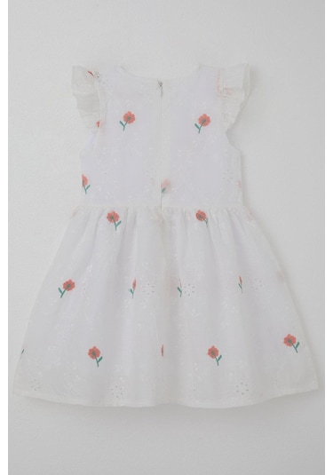 Breeze Kız Çocuk Elbise Çiçek Nakışlı Güpür Detaylı 3-7 Yaş, Ekru Ekru