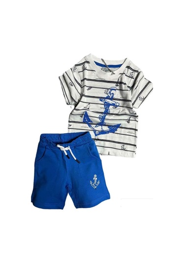 Riccotarz Erkek Bebek Çapa Baskılı Kısa Kol Çizgili Tişört Mavi Şortlu Takım Mavi