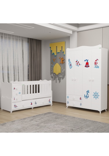 Melina Bebek Odası Yıldız 4 Kapaklı Dolap - Denizci Beyaz