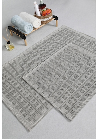 Naturel Pamuklu Kilim Yıkanabilir Banyo Paspası Halısı 2'li Klozet Takımı 60x100-50x60cm Gri