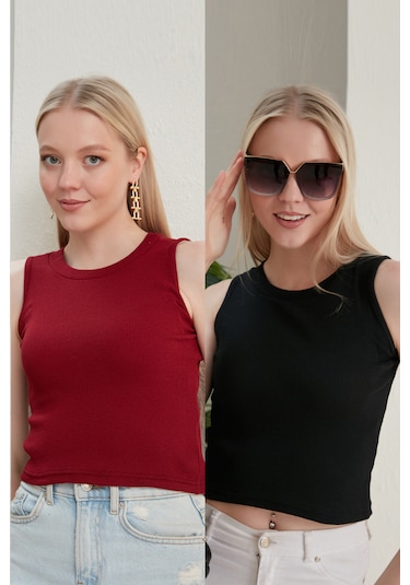 Catspy Kadın Halter Yaka 2'li Crop Bluz Atlet Bordo - Siyah
