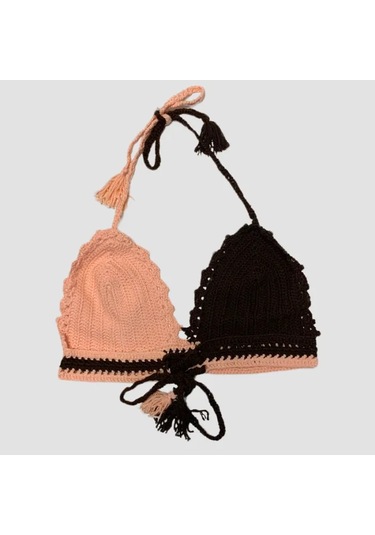 Uretti - Aslı 5776 - El Yapımı Pembe - Kahverengi Crop Top Kahverengi - Pembe