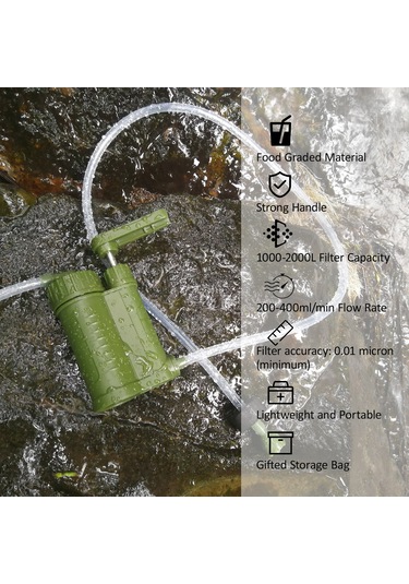 Neevoyu Taşınabilir Su Filtresi - 2000lt Kapasiteli, 0.01 Mikron Hassasiyetli Outdoor Seyahat İçin Ordu Yeşili