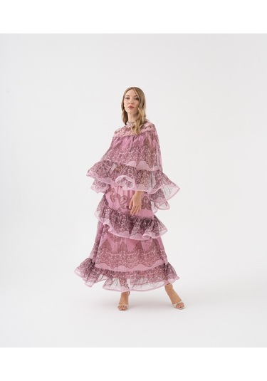 Dantel Desenli Katlı Şifon Volanlı Bluz Mor