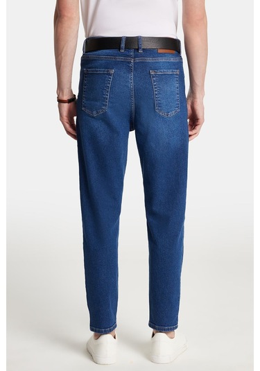 Erkek Straight Fit Bol Kesim Denim Yıkamalı Efektli Esnek Mavi Jean Kot Pantolon-34087 Mavi