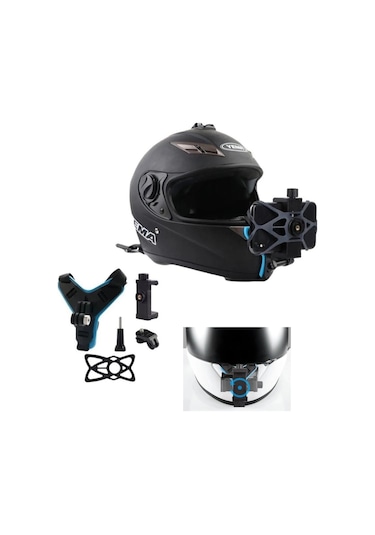 Prepare Kask Alt Çene Bağlantı Aparatı Ve Kayışı Aksiyon Kamera Ve Telefon Tutucu Set Mavi - Siyah