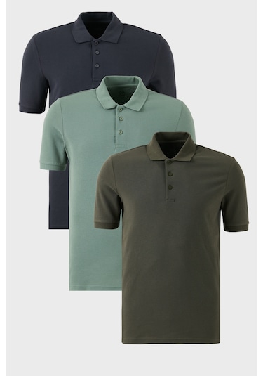 Buratti Pamuklu Regular Fit Düğmeli Polo Yaka 3'Lü Paket Erkek T Shirt 5902127S3 Antrasit-Haki-Elma Yeşili