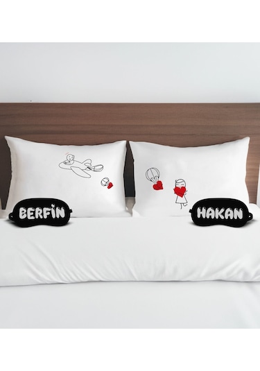 Bk Gift Kişiye Özel Sevgili Tasarımlı Pamuklu Yastık Kılıfı Ve Göz Bandı Çift Uyku Seti-1, Tasarım Ev Tekstili, Uyku Bandı, Ev Hediyesi
