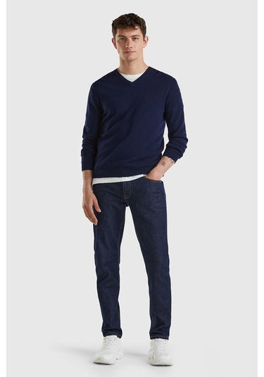 Benetton Erk V Yaka Merino Kazak- Lacivert