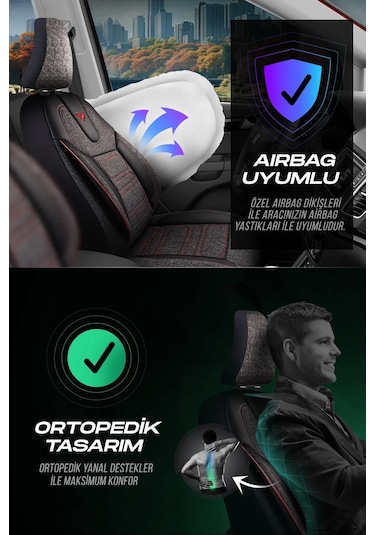 Siyah - Kırmızı Panda Atlanta Serisi Keten Kumaş Oto Koltuk Kılıfı - Tam Set