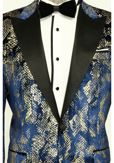 Wessi Dik Yaka Slim Fit Altın Desenli Lacivert Erkek Balo Ceket - Wessi Lacivert