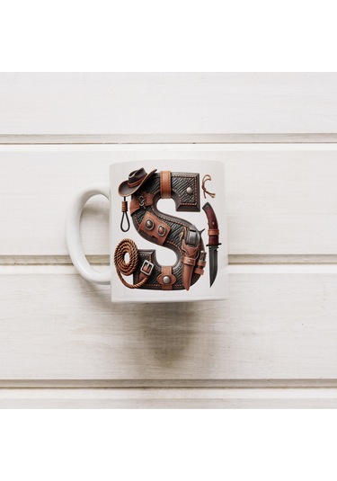 S Harfi Kovboy Temalı Bardak 330 Ml İsim / Harf Kişiye Özel Hediye - Vahşi Batı Konsept Beyaz