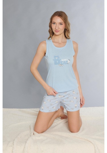 Dowry Askılı Şort Takım - Sevimli Desenli Yazlık Viskon Pijama Dowry 06-67 Mavi