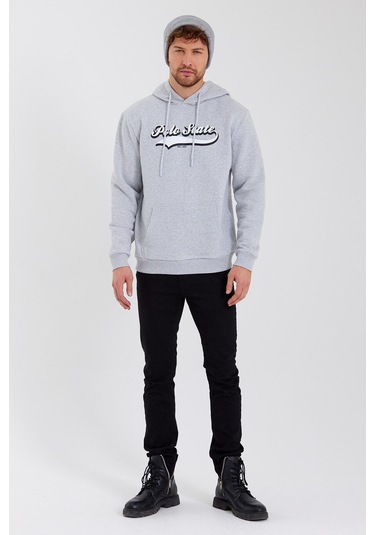 Erkek 3 İplik Pamuklu İçi Polarlı Baskılı Regular Fit Kapüşonlu Kanguru Cepli Gri Sweatshirt Gri