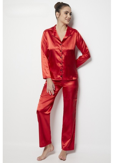 Faryanight Saten Uzun Kollu Düğmeli Gömlek Pijama Takımı Kırmızı