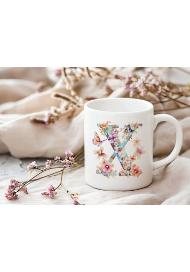 X Harfi Çiçekli Kupa Bardak - Soft Renk Çiçek Ve Kelebek Desenli Zarif Kahve Kupası - Bohem Beyaz