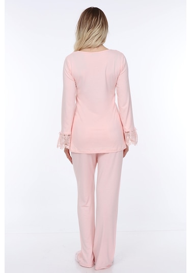 Luvmabelly Myra9512 - Dantelli Düğmeli Flaplı Hamile Pijama Takımı - Pembe-pembe