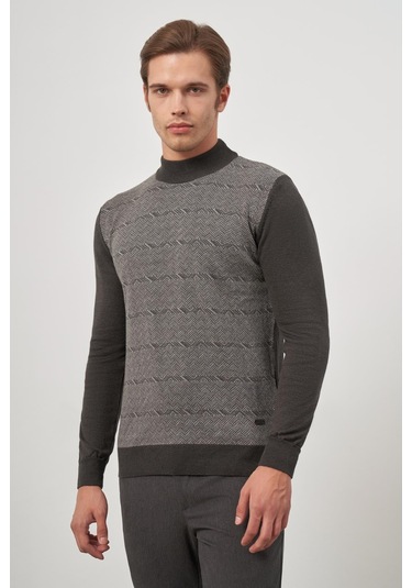 Koyu Antrasit Uzun Kol Kendinden Örme Yarım Balıkçı Yaka Classic Comfort Fit Triko 1012245152 Koyu Antrasit