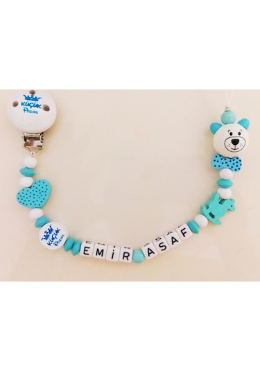 İsimli Emzik Zinciri - Emzik Askısı - Bebek Bez071 Mavi