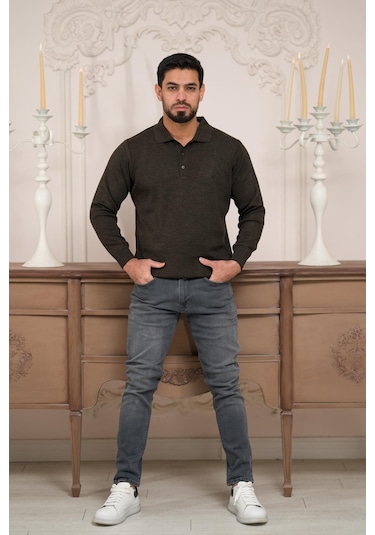 Woolen World Polo Yaka Düz Renk Yünlü Erkek Triko Kazak Kahverengi