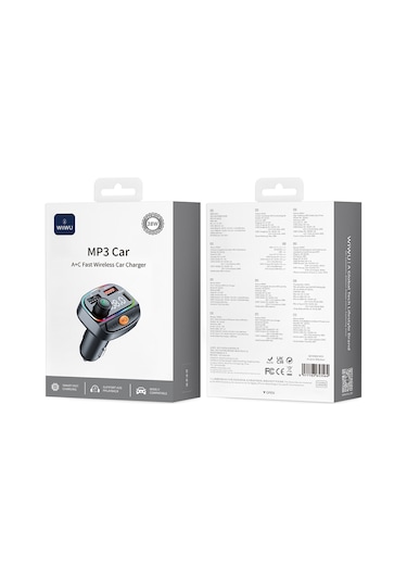 Wiwu Wi-qc031 Rgb Bluetooth Transmitter Mp3 Type-c Ve Usb-a Araç Şarjı Siyah