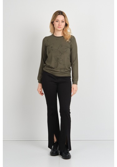 Sistas Kadın Desenli Bisiklet Yaka Uzun Kol Bluz 24611 Haki Haki