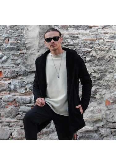 3 İplik Şardonlu Polar İçi Peluş Detaylı Kapşonlu Panço Ceket Siyah