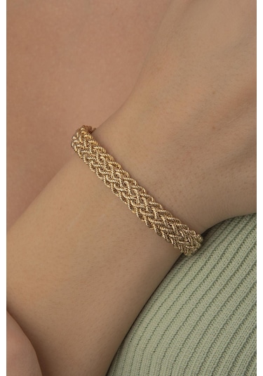 14 Ayar Altın Kalın Örgü Bileklik Sarı Sarı Altın