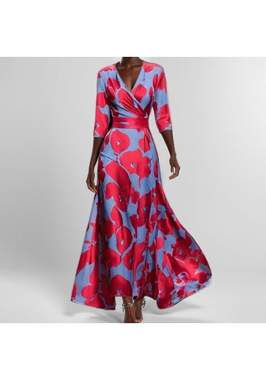 Kadın Modası Zarif Mizaç V Yaka Baskılı Daralan Pileli Büyük Etek Uzun Elbiseler Beyaz