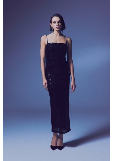 Askılı Uzun Payet Elbise - Siyah-135641 Siyah