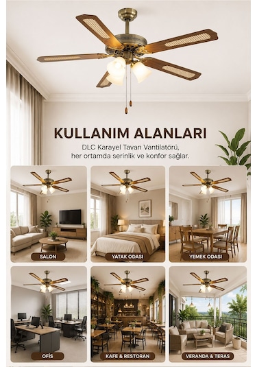 Dlc Karayel 132cm Bakır Motor 3 Lambalı Tavan Vantilatörü Ahşap