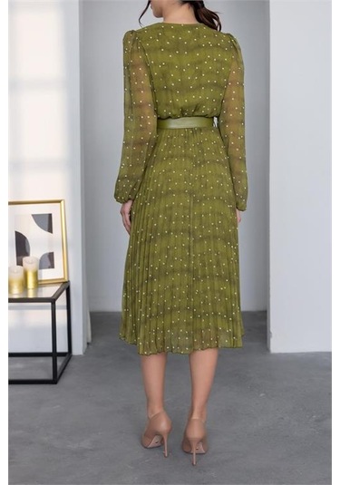 Neşeli Butik Kadın Kemerli Puantiye Desenli Şifon Elbise Nbmy3286 Yağ Yeşili