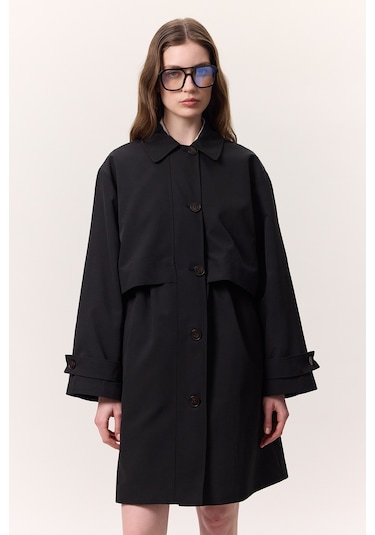 Bel Ayarlamalı Hafif Trençkot Siyah Siyah