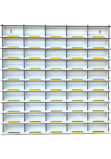 Eğimli 50 Araçlık Beyaz Ahşap Hobi Oyuncak Araba Rafı