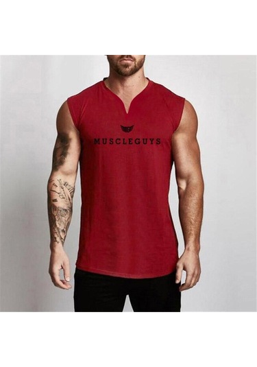 Kırmızı Muscleguys Yeni V Yaka Beyaz Yelek Yaz Ince Slim Fit Kolsuz Tişört Giyim Eğitim Spor Kıyafetleri Kırmızı