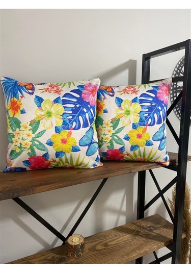 Çiçek ve Yaprak Desenli Renkli Dekoratif 2'li Kırlent Kılıfı