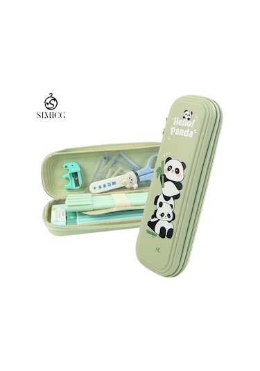 Karikatür Büyük Kapasiteli Su Geçirmez Çift Katmanlı Plastik Kalem Kutusu Yeşil