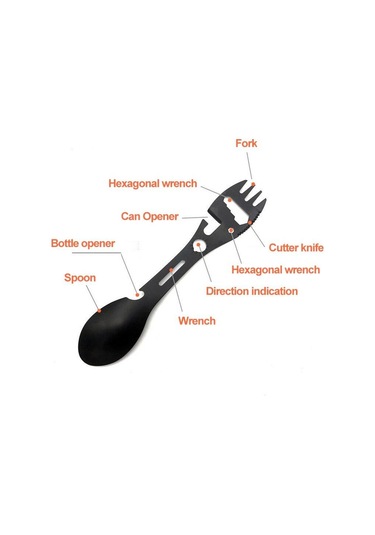 Siyah Paslanmaz Çelik Kamp Çatal Kaşık Çok Fonksiyonlu Kaşık 10 In 1 Entegre Çatal Kaşık Açık Çatal Kaşık Piknik Kesme Bıçağı Şişe Konserve Açacağı Siyah