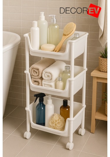 3 Katlı Tekerlekli Plastik Organizer Raf Çok Amaçlı Mutfak, Banyo Ve Ofis Düzenleyici Beyaz Dc-6821 Beyaz