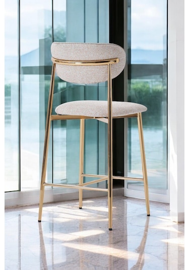 Hanev Serisi 1 Adet 75 Cm Krem Ada Mutfak Bar Sandalyesi Gold Kaplama Metal Ayak Krem Sandalye - Gold Ayak Krem