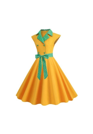 Zarif Bayan Elbise Nokta Baskılı Yaka Yaka Yay Üzerinde Bel Tatlı Tarzı Rahat Parti Elbise Kolsuz Sıkı Bel Ince Orta Uzunlukta Elbise Kadın Sarı