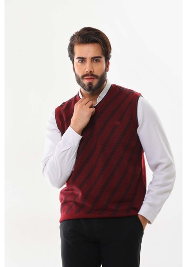 Pelikan Erkek Çizgili V Yaka Süveter 9625 Kiremit