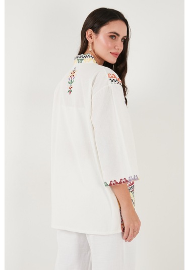 Lela Nakış Işlemeli Pamuklu Oversize Fit Truvakar Kol Bayan Kimono 676272 Ekru