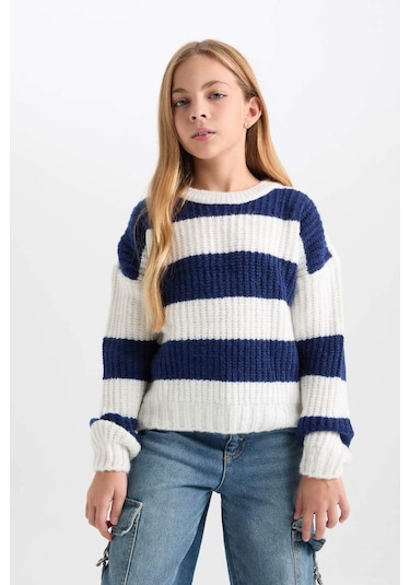 DeFacto Kız Çocuk Çizgili Bisiklet Yaka Triko Kazak A6009A824WNNV241 Lacivert